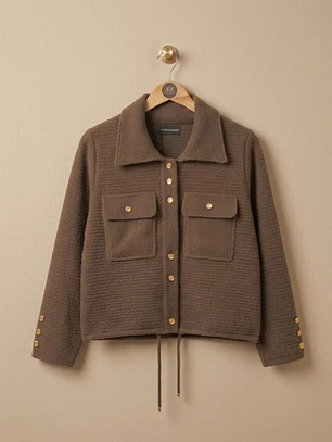 Chaqueta Lanilla Mujer Café Botones Dorados Invierno 2026