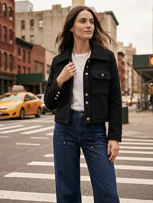 Chaqueta Negra Mujer con Botones Dorados Elegante
