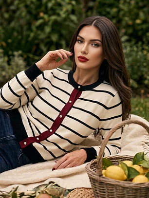  Cardigan Rayas Negras Mujer Tapeta Burdeo Botones Perla