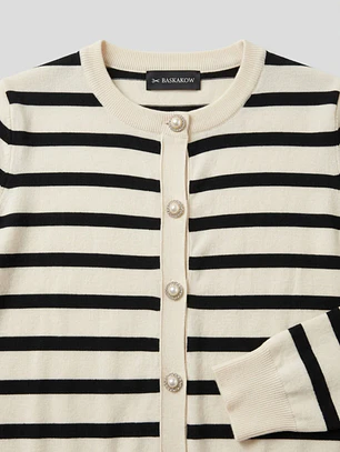 Cardigan Rayas Negras Mujer Bolsillos Botones Perla