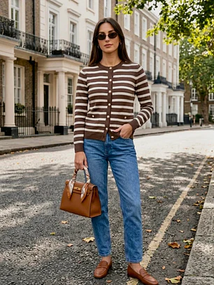 Cardigan Rayas Café Mujer Bolsillos Botones Perla