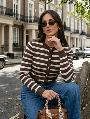 Cardigan Rayas Café Mujer Bolsillos Botones Perla