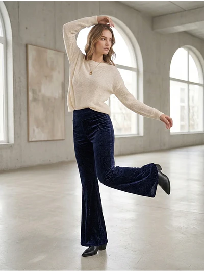 Pantalón Palazzo Terciopelo Azul Mujer Tiro Alto