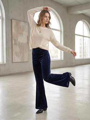 Pantalón Palazzo Terciopelo Azul Mujer Tiro Alto