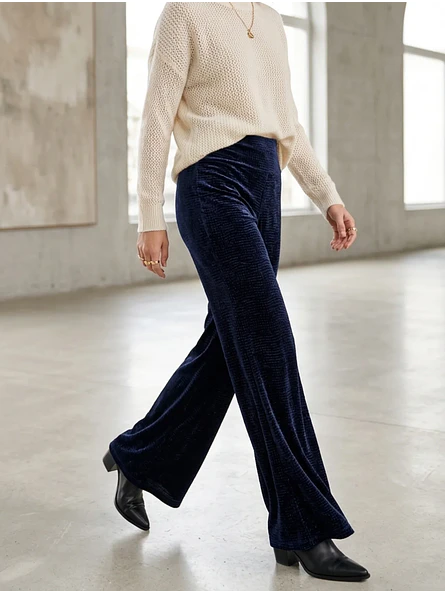 Pantalón Palazzo Terciopelo Azul Mujer Tiro Alto 3