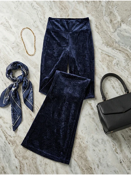 Pantalón Palazzo Terciopelo Azul Mujer Tiro Alto 6