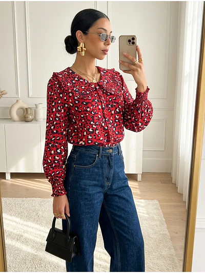 Blusa Animal Print Roja Mujer Manga Larga Cuello Vuelos