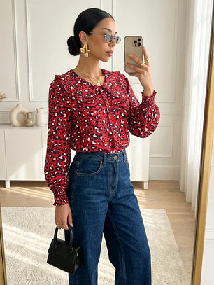 Blusa Animal Print Roja Mujer Manga Larga Cuello Vuelos