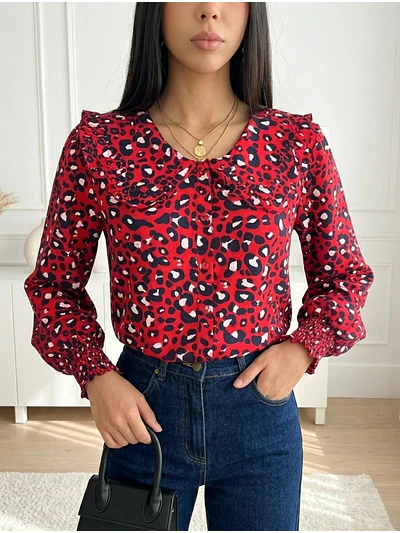 Blusa Animal Print Roja Mujer Manga Larga Cuello Vuelos