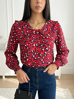 Blusa Animal Print Roja Mujer Manga Larga Cuello Vuelos