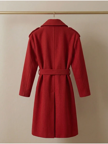Abrigo Largo Rojo Mujer Paño Lana con Cinturón 3