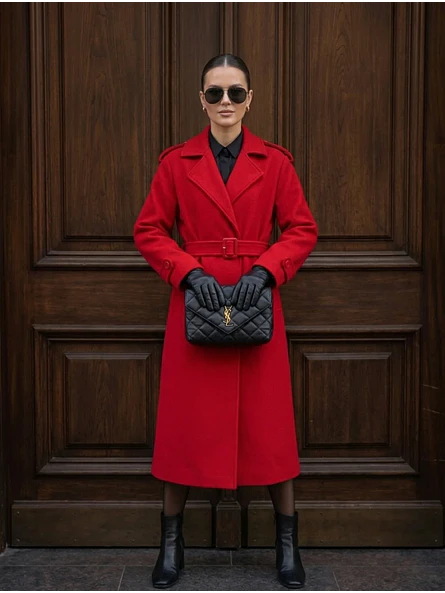 Abrigo Largo Rojo Mujer Paño Lana con Cinturón 8