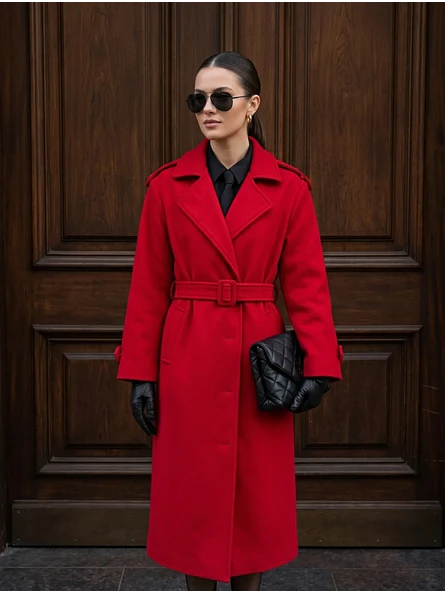 Abrigo Largo Rojo Mujer Paño Lana con Cinturón 9