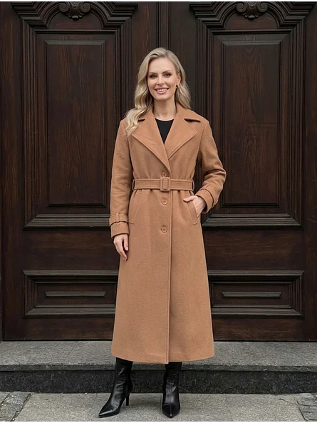 Abrigo Largo Beige Mujer Paño Lana con Cinturón 7