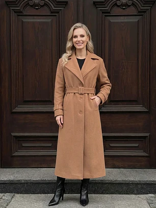 Abrigo Largo Beige Mujer Paño Lana con Cinturón