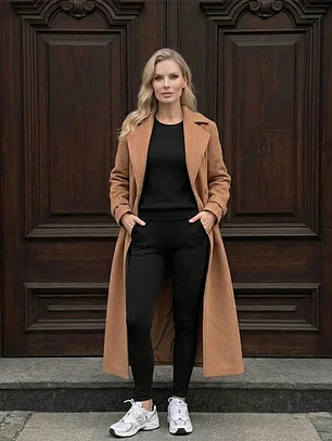 Abrigo Largo Beige Mujer Paño Lana con Cinturón