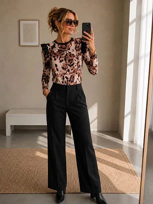 Polera Animal Print Café Mujer Manga Larga Invierno 2026
