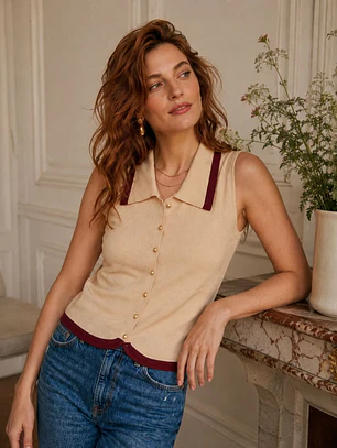 Chaleco sin Mangas Mujer de Punto Beige y Burdeo