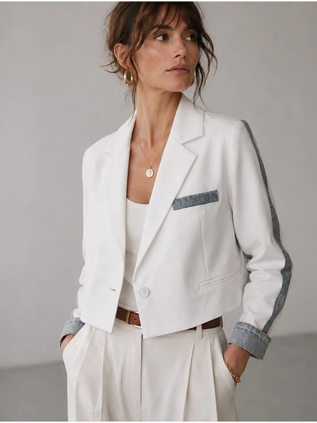 Blazer Blanco Mujer Corto Mangas Mezclilla Crop 1