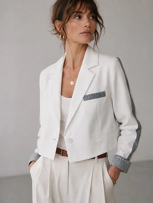 Blazer Blanco Mujer Corto con Mangas de Mezclilla