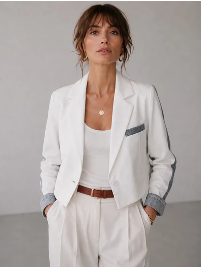 Blazer Blanco Mujer Corto Mangas Mezclilla Crop