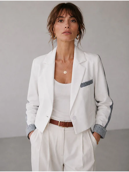 Blazer Blanco Mujer Corto Mangas Mezclilla Crop 2