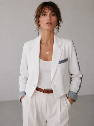 Blazer Blanco Mujer Corto Mangas Mezclilla Crop