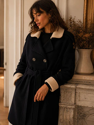 Abrigo Negro Mujer con Cuello Crema Elegante 
