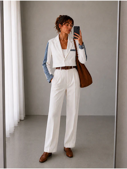 Blazer Blanco Mujer Corto Mangas Mezclilla Crop 3