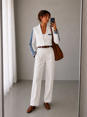 Blazer Blanco Mujer Corto con Mangas de Mezclilla