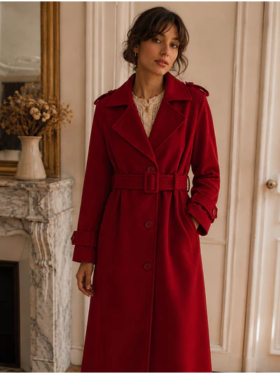 Abrigo Largo Rojo Mujer Paño Lana con Cinturón