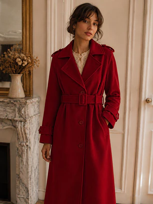 Abrigo Largo Rojo Mujer Paño Lana con Cinturón
