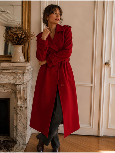 Abrigo Largo Rojo Mujer Paño Lana con Cinturón 2