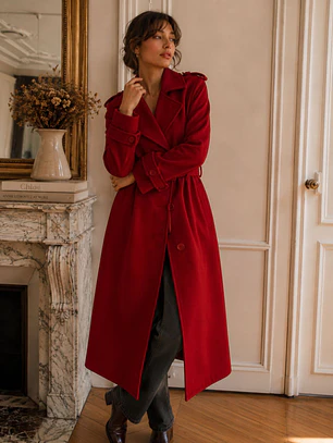 Abrigo Largo Rojo Mujer Paño Lana con Cinturón