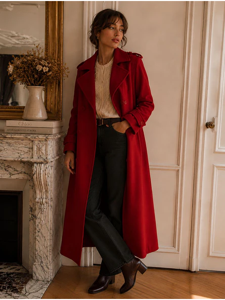 Abrigo Largo Rojo Mujer Paño Lana con Cinturón 3