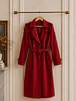 Abrigo Largo Rojo Mujer Paño Lana con Cinturón - Miniatura 4