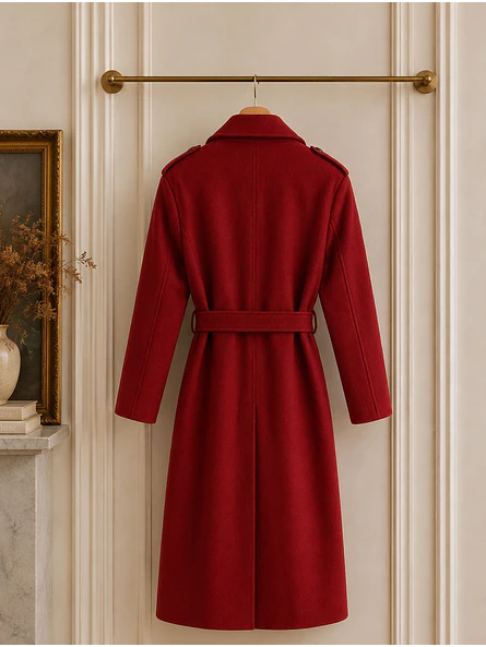 Abrigo Largo Rojo Mujer Paño Lana con Cinturón 5