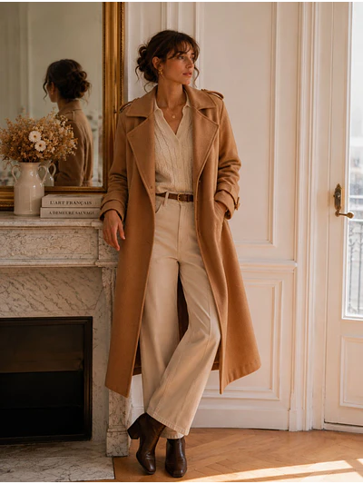 Abrigo Largo Beige Mujer Paño Lana con Cinturón