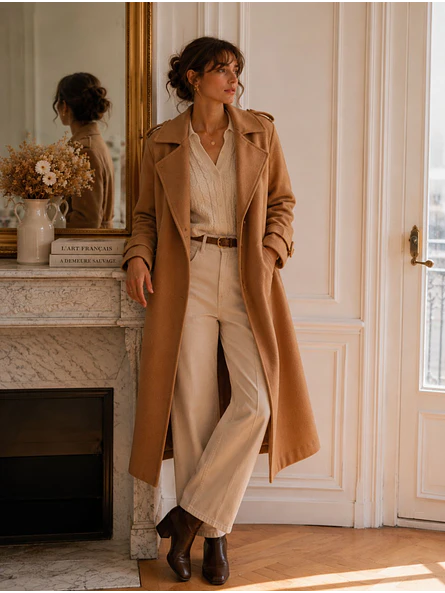 Abrigo Largo Beige Mujer Paño Lana con Cinturón 1