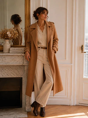 Abrigo Largo Beige Mujer Paño Lana con Cinturón