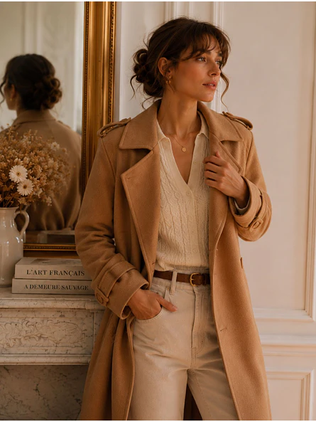 Abrigo Largo Beige Mujer Paño Lana con Cinturón 4