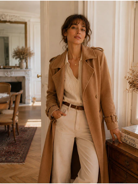 Abrigo Largo Beige Mujer Paño Lana con Cinturón 3