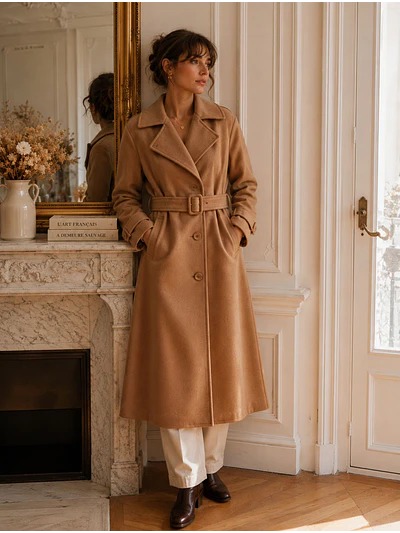 Abrigo Largo Beige Mujer Paño Lana con Cinturón