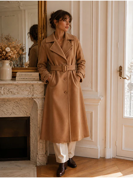 Abrigo Largo Beige Mujer Paño Lana con Cinturón 2