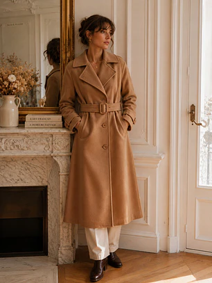Abrigo Largo Beige Mujer Paño Lana con Cinturón
