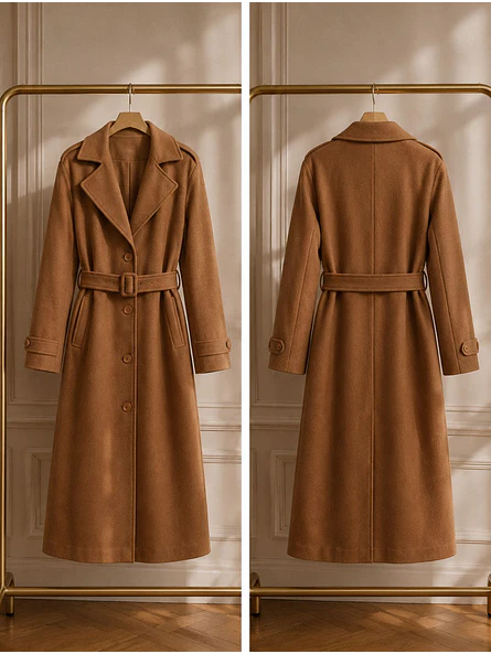 Abrigo Largo Beige Mujer Paño Lana con Cinturón 6