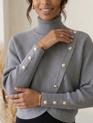 Sweater Gris Mujer de Tejido Punto Cuello Alto con Botones Dorados