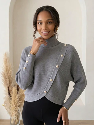 Sweater Gris Mujer de Tejido Punto Cuello Alto con Botones Dorados