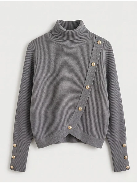 Sweater Gris Mujer de Tejido Punto Cuello Alto con Botones Dorados 9