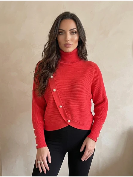 Sweater Coral Mujer Cuello Alto Manga Murciélago Botones Dorados 3